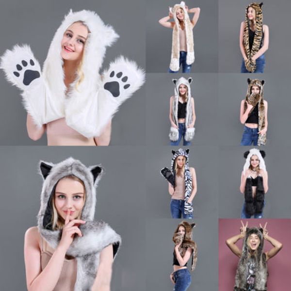 

fuzzy fluffy women fashion winter spring cartoon animal faux fur wolf cat ear hat beanies with mittens gloves plush beanie, Blue;gray