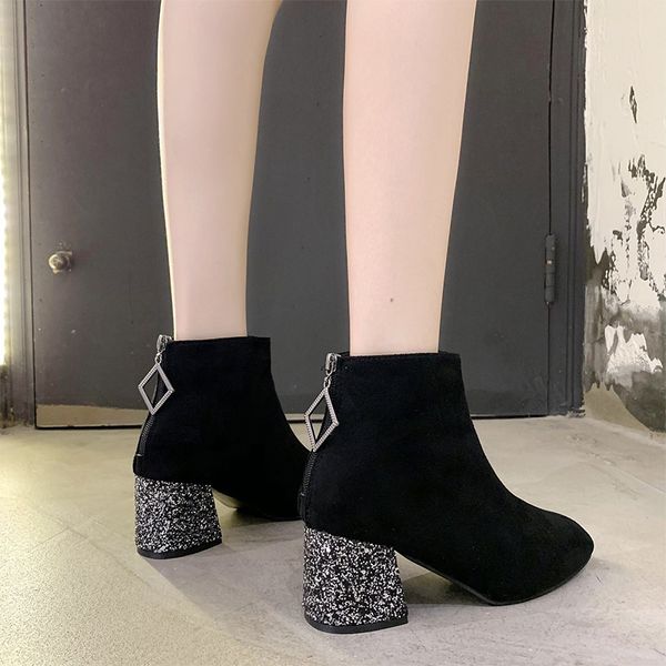 

women's boots autumn booties ladies boots-women shoes round toe bling bling low heels booties winter footwear luxury, Black