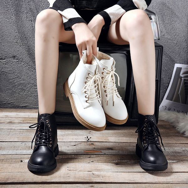 

shofort зимние сапоги женщин мода 2020 мода повседневная шнуровка motorcycle boots все матча короткие плюшевые сгущает теплая обувь женщина, Black