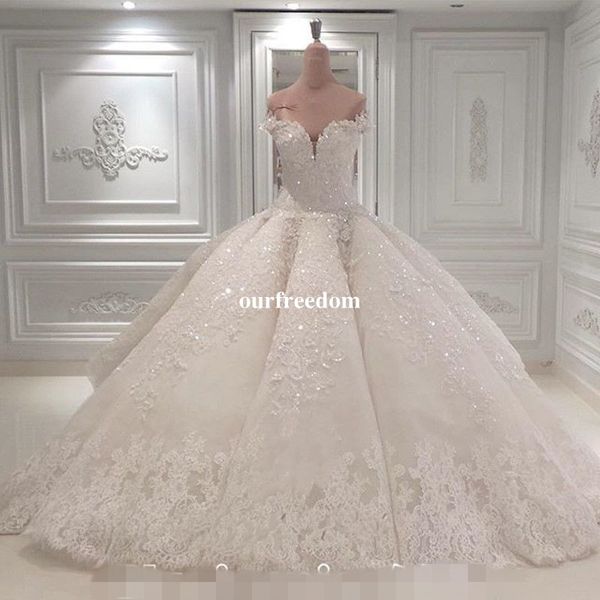 

Vestido De Noiva Ball Gown Wedding Dresses 2019 Off The Shoulder Cathedral Train Lace Appliques Bridal Gown For Church Custom Made