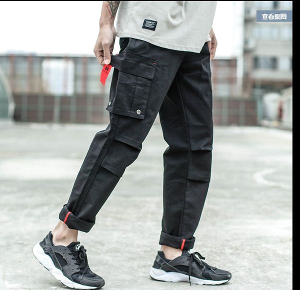 

street green cargo pocket jeans long punk pants army high pants men fashion big hip hop casual jogger brand jeans men juxnw, Black