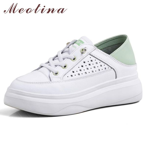 

meotina flats platform women shoes natural genuine leather cutouts lace up shoes lady leisure female footwear summer gray green, Black