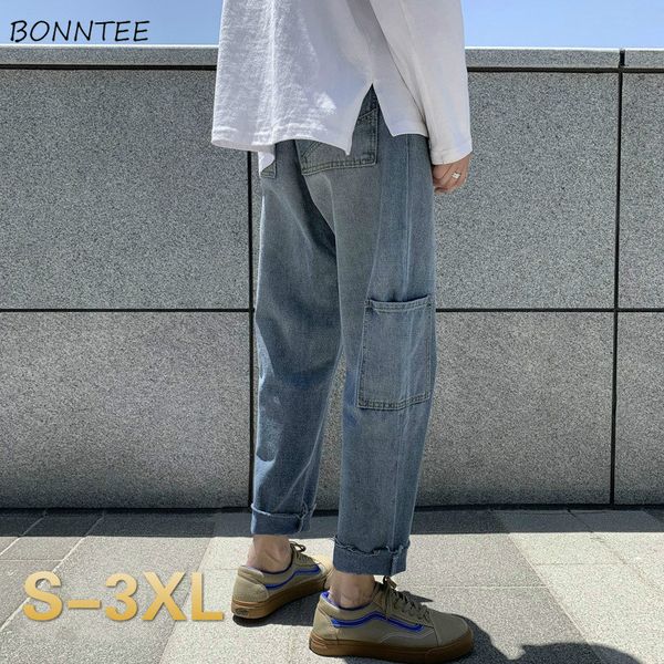 

jeans men designed pocket loose leisure straight retro vintage streetwear mens denim soft fur-lined korean style chic trousers, Blue