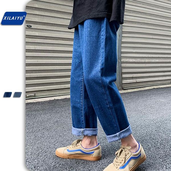 

xilaiyu spring/autumn jeans boys/girls/women/men straight loose trend casual wide leg pant harajuku solid colour cowboy trousers, Blue