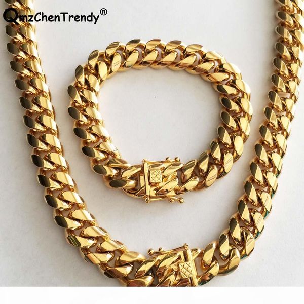 

14mm men miami cuban link chain necklace bracelets 316l stainless steel dargon clasp gold tone hip hop heavy chain jewelry set, Silver