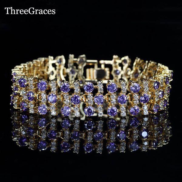 

threegraces women charm bracelet clear cubic zirconia elegant purple crystal big white gold color bracelets jewelry br123, Red;blue