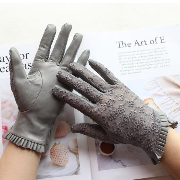 

bickmods new ladies black leather gloves semi-lace mesh breathable sheepskin touch screen cycling driving gloves, Blue;gray