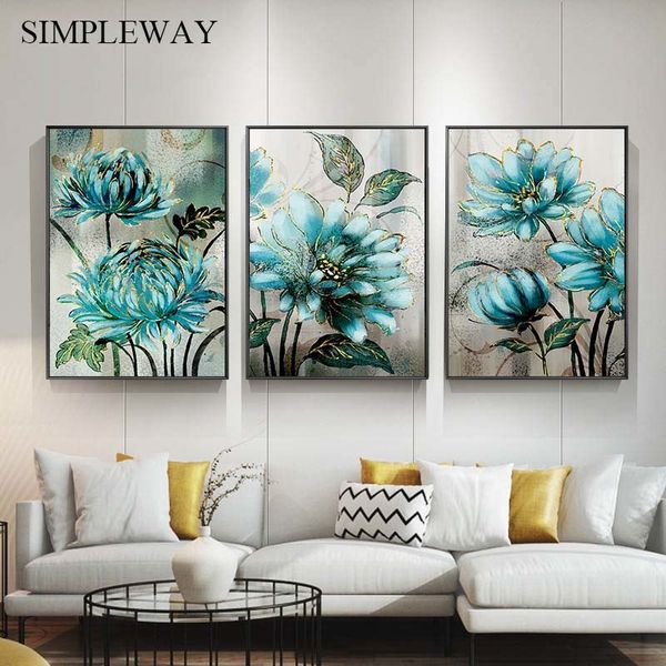 

blue flower abstract painting artwork vintage poster botanical floral canvas print modern wall art picture living room decor