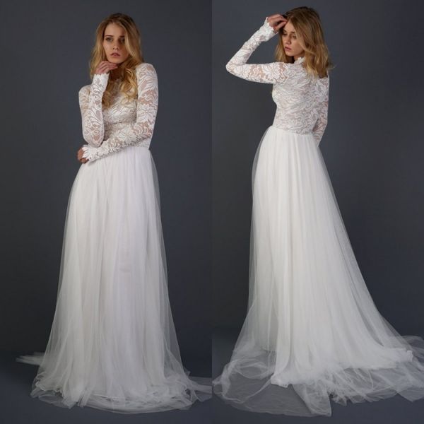 

2021 bohemian wedding dresses long sleeves appliques beach bridal gowns custom made button back sweep train a line boho wedding dress, White