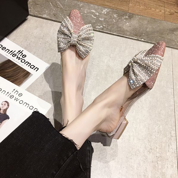 

slippers 2021 summer women pearl slip on flat shoes pointed toe bling cute bow slipper rhinestone ladies 8063g, Black