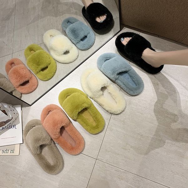 

shoes plush slippers for adults luxury slides lady winter footwear shose women pantofle flock fur soft designer girl massage, Black