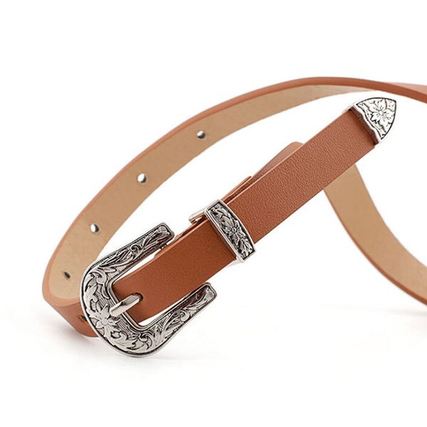 

design ladies boho vintage belt buckle belt woman thin narrow leather belts for women jeans, Black;brown