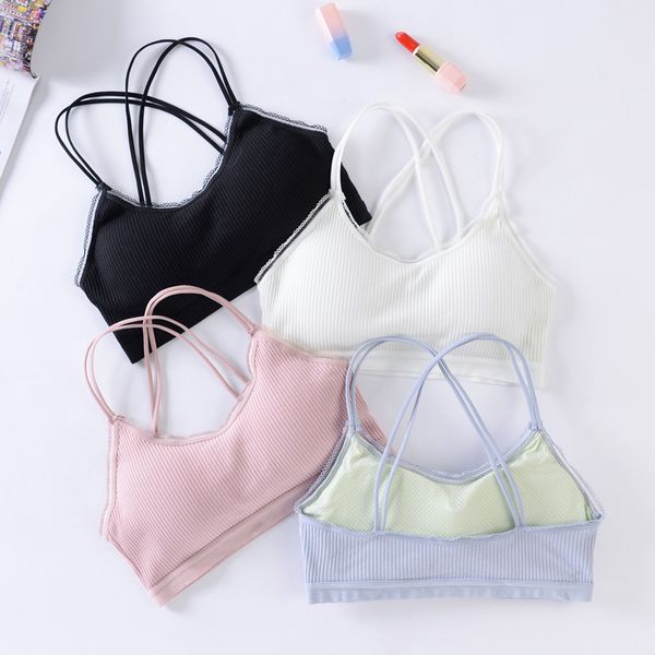 

gym clothing woman beautiful back sports bra cross strap yoga bras thread wrapped chest tube lace with pads gathered, White;black