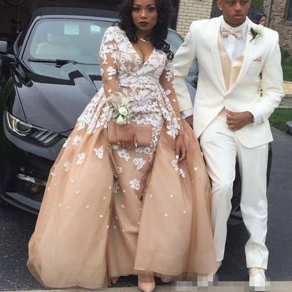 

saudi arabic long sleeves evening gowns with train lace appliques champagne plus size prom dress long v neck aso ebi women party dress, Black;red