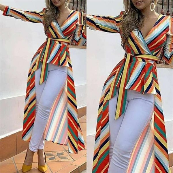 

fashion female clothing autumn womens designer shirt dress min deep v neck rainbow stripes printed irregular dress, Black;gray
