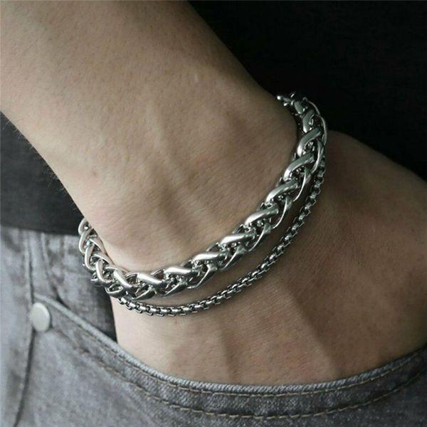 

unique men's bracelet double chain bracelet stainless steel wheat box chain link bracelets male jewelry, Golden;silver