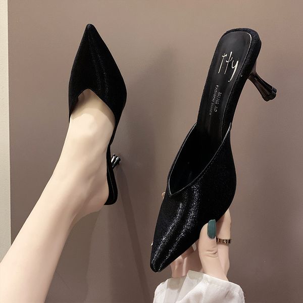 

flock pointed toe mules slippers women slip on v-open slides korean solid closed toe stiletto high heels sandals women 2020, Black