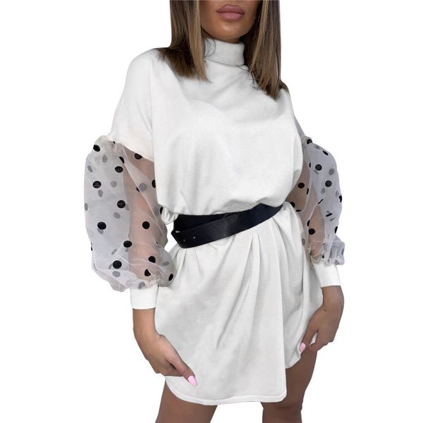 

casual dresses turtleneck mesh puff sleeve women dress patchwork polka dot ladies mini 2021 spring black white vestidos, Black;gray