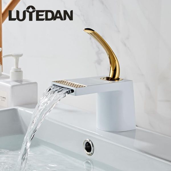 

lutedan brushed golden new design bathroom sink faucet deck mounted single hole mixer taps both and cold water faucets