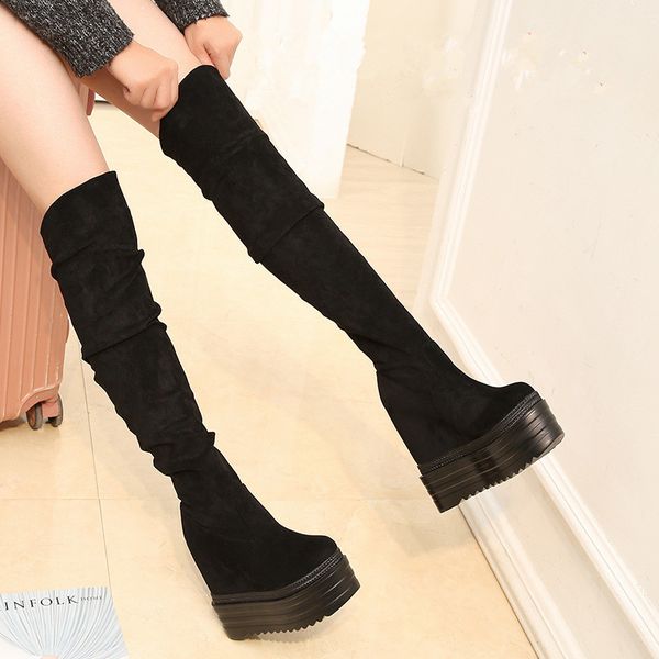

15cm wedges long boots over-the-knee boots winter models catwalks thick-sole increase within women's high tube, Black