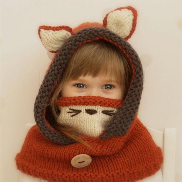 

baby children cartoon ear design hats knitting winter warm bib thick western winter boys girls animal hats wholesale, Slivery;white