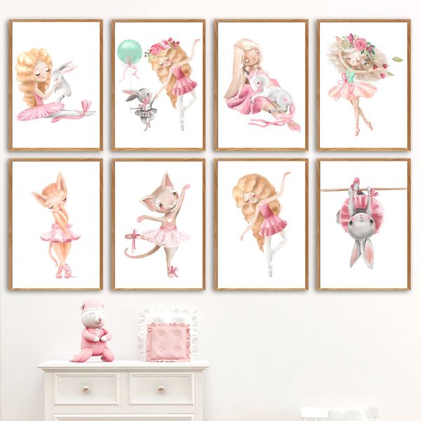 

pink ballet girl bunny unicorn nursery wall art canvas painting nordic posters and prints cartoon wall pictures kids room decor