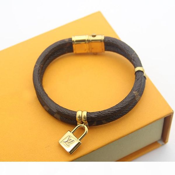 

brand design gold double leather lock head fashion men women flower pattern bracelet titanium steel genuine leather bracelet party gift, Black