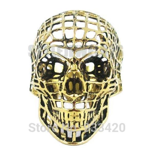 

gold color hollow out skull biker ring stainless steel jewelry web motor biker men ring wholesale swr0328gb, Golden;silver