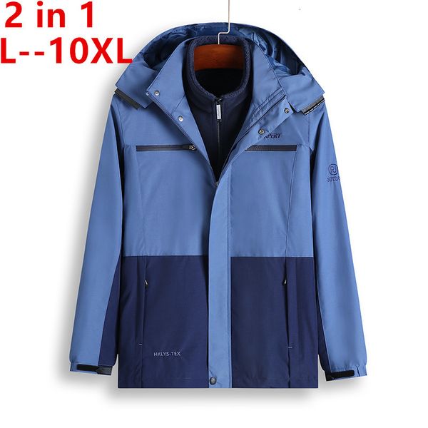

10xl 8xl 6xl 5x new autumn winter warm jacket men outwear 2 in 1 parkas hood coat windproof thermal thick soft shell jacket male, Black