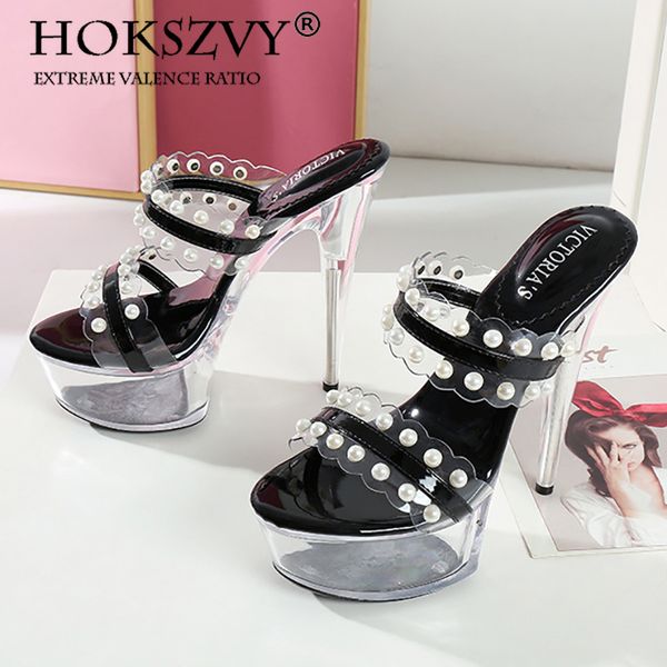 

hoksvzy 2020 summer fashion high heel riveted women's sandals waterproof platform crystal catwalk women's shoes wz, Black