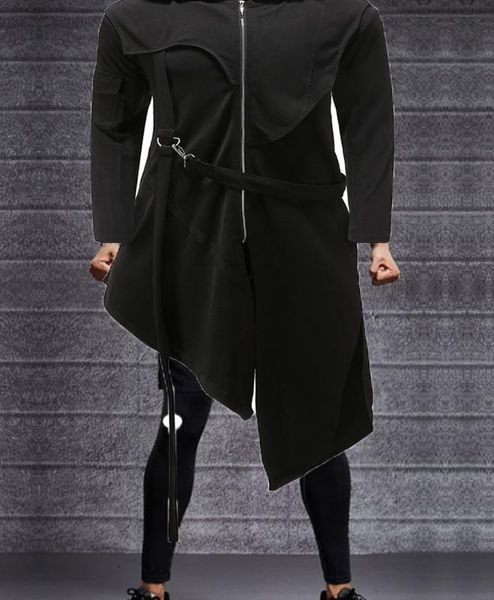 

plus size streetwear punk hip hop gothic ring belt ribbon zip hooded irregular long trench coat men chaqueta sudadera harajuku, Tan;black
