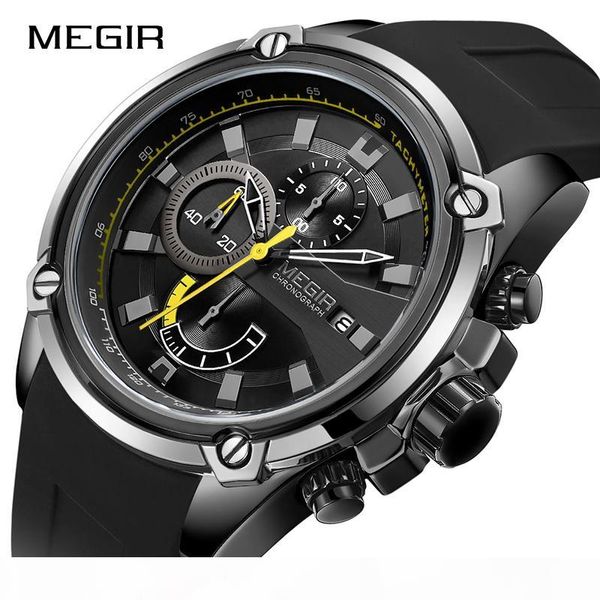 

megir men's quartz sports watches silicone strap waterproof chronograph analog wrist watch for male clock relogio masculino 2018, Slivery;brown