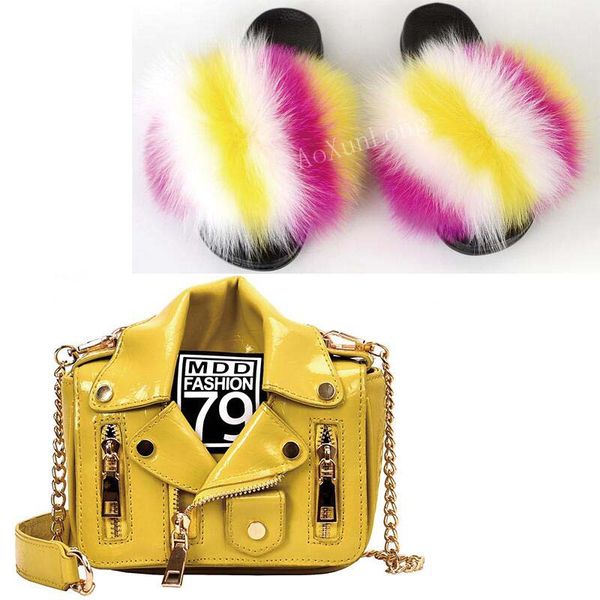 

women's fur slides fashion chain bag set furry flat slippers fluffy fur slides solid color shoulder bag girl dating package, Black