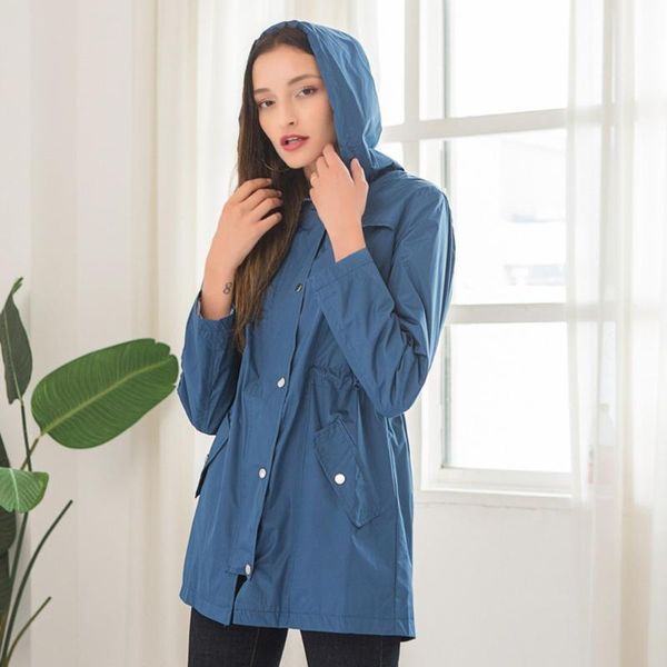 

fashion women hooded waterproof jacket rain jacket softshell coat zipper mid-length windproof waterproof jackets hunting coats, Blue;black