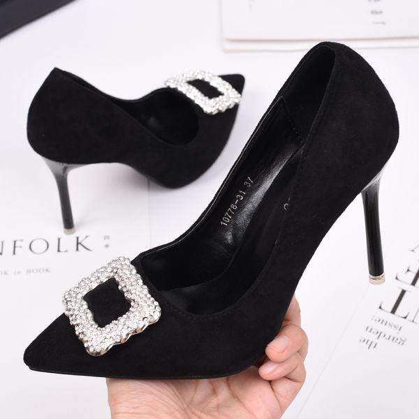 

2020 spring korean pointed high heels stiletto rhinestone single shoes women all-match black suede women's shoes
