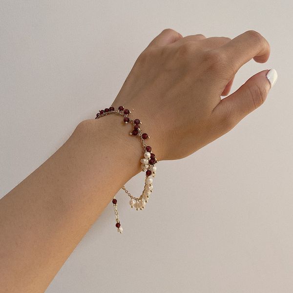 

2020 new trendy simple imitation pearl red crystal rice beads bracelets for women fashion tassel stitching bracelet jewelry, Black