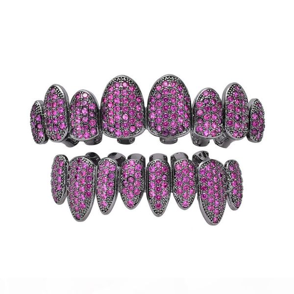 

18k real gold teeth grillz caps iced out zircon 8 teeth & bottom vampire fangs dental grill set wholesale, Black