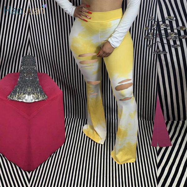 

haoyuan tie dye hole flare pants fall women clothes joggers elastic bottoms leggings bell bottom trouser fashion streetwear, Black;white
