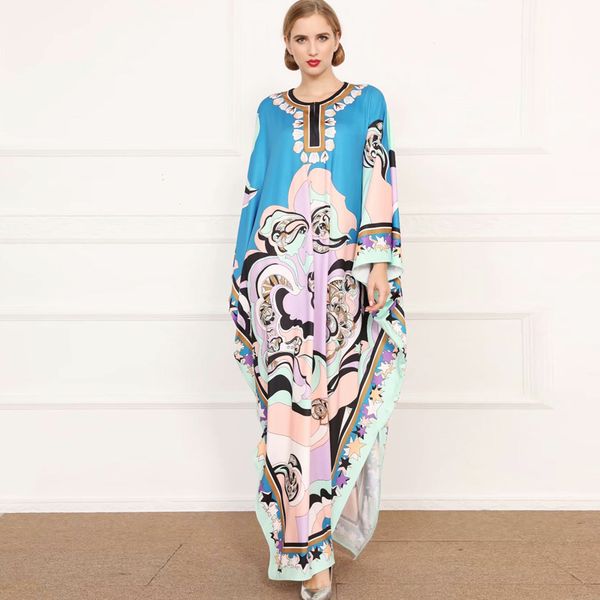 

autumn new women's runway dresses o neck batwing sleeves printed loose deisgn plus sizes split knitted elastic long maxi dresses, Black