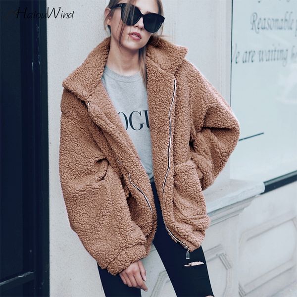 

fashion winter faux fur coat teddy bear brown fleece jackets women outerwear female fuzzy jacket thick overcoat warm long parka, Black