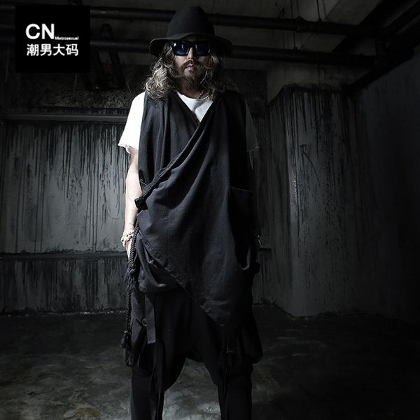 

s-5xl 2020 men's clothing male summer v-neck lacing irregular the trend of the vest plus size available singer costumes, Black;white