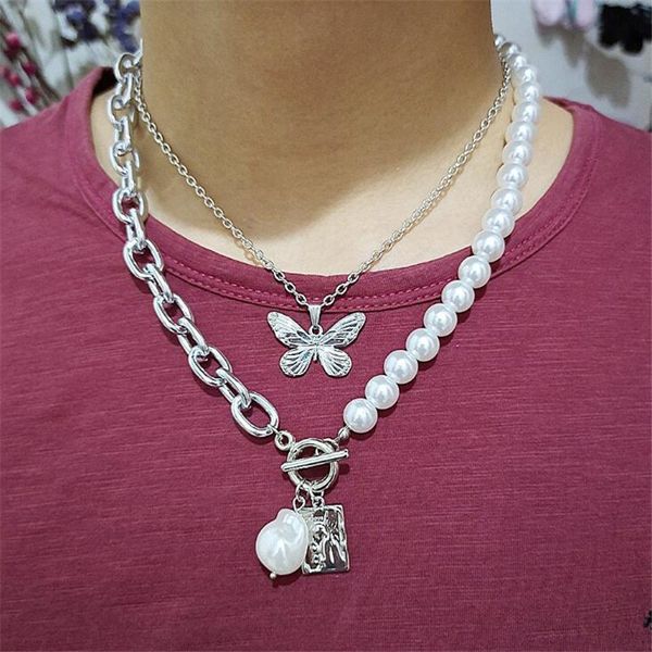 

diezi fashion gold silver color color metal chain choker necklaces women multilayer imitation pearls butterfly pendant necklace