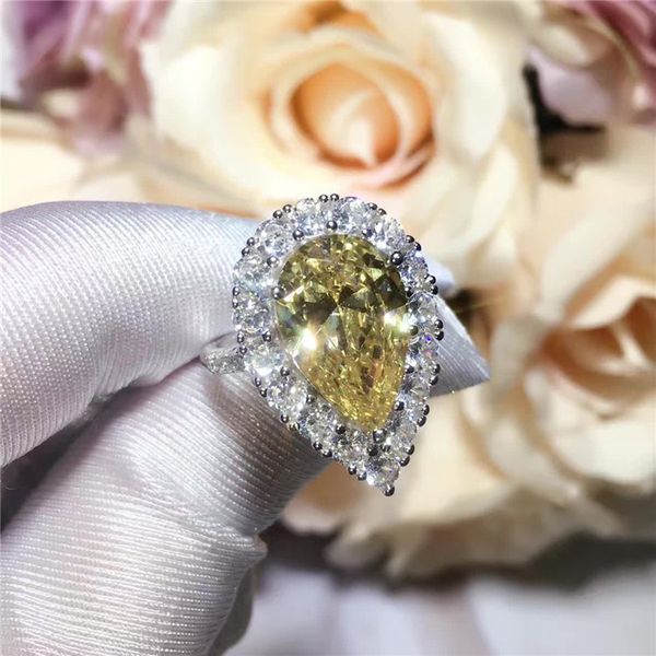 

wholesale classic 925 sterling silver cz diamond big teardrop yellow crystal ring wedding party jewelry for women, Golden;silver