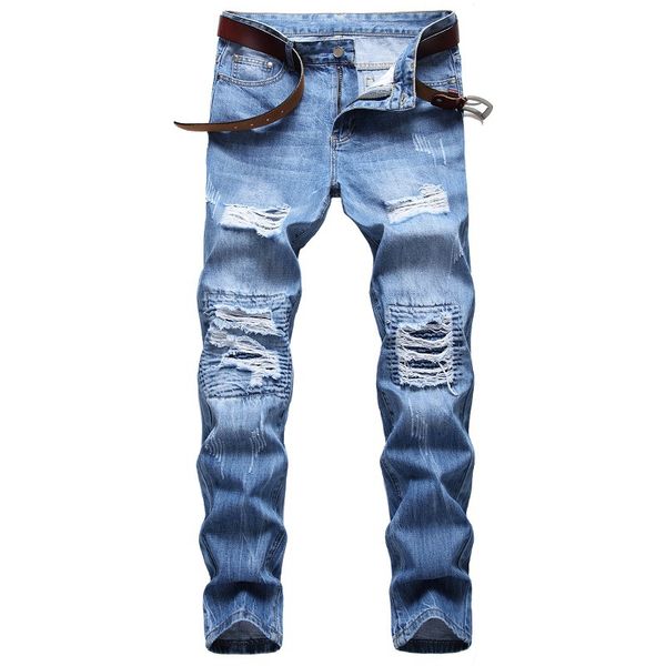 

men's jeans ripped men light blue stretch slim fit destroyed broken holes denim pants casual biker male
