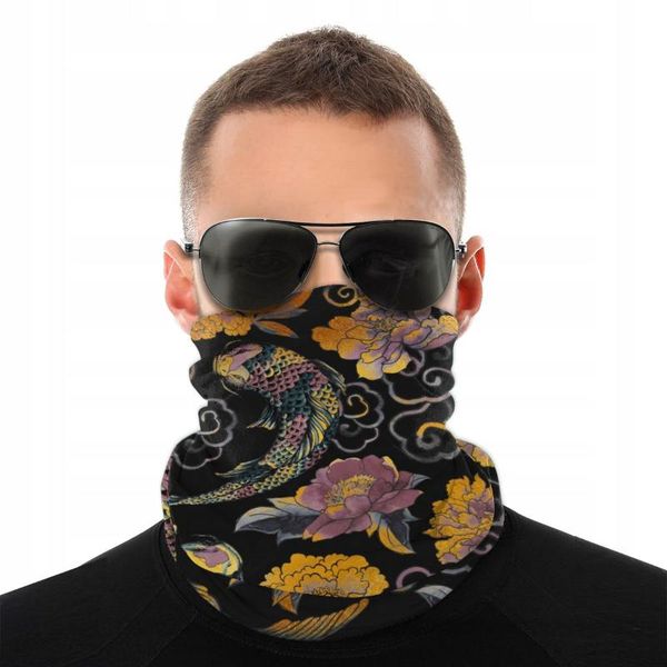

2020 polyester bandana magic neckerchief men's scarf japanese asian flowers and koi versatility caps cycling elastic snood, Blue;gray