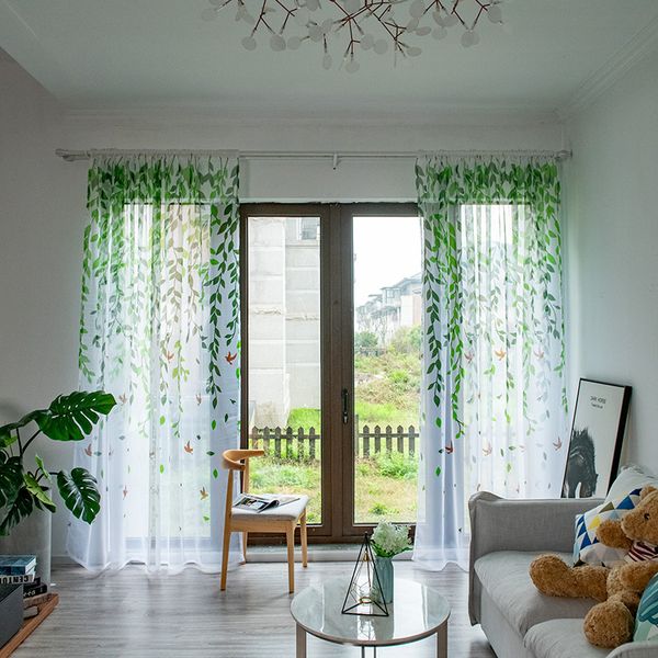 

1pc cute swallow willow leaf tulle curtains blinds voile pastoral style willow floral window decorative for bedroom living room