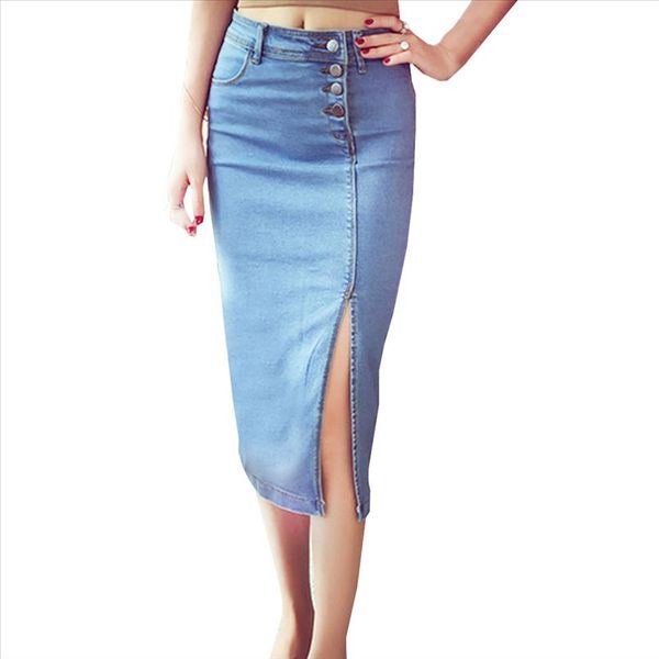

fashion womens elastic jeans skirts lady slim slit pencil high waist hip skirts womens split casual jeans long skirt, Black