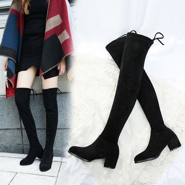 

boots classics fashion autumn winter over the knee high for women pointed toe hoof heels vintage long flock solid shoes, Black