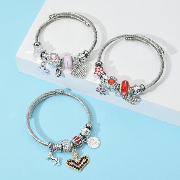 

fashion silver color stainless steel rhinestone bangle lovely women children crystal heart colorful flower bracelet gift jewelry, Red;blue