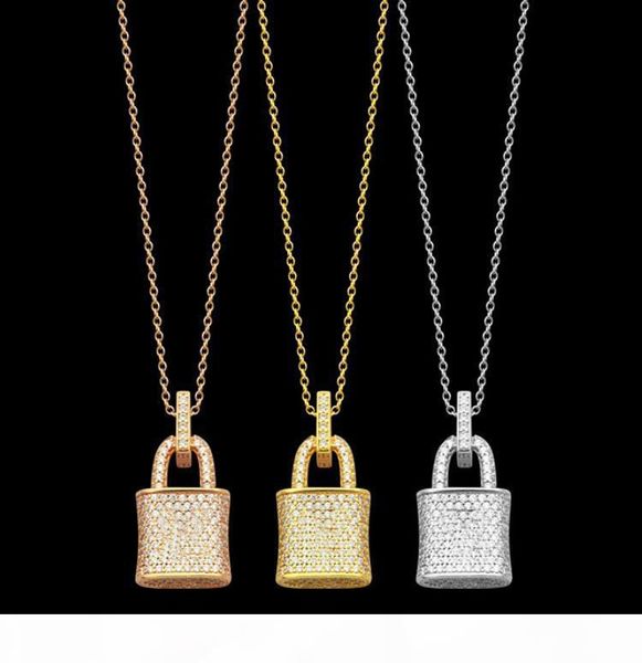 

fashion full diamond lock necklace iced out pendant for mens and women party wedding lovers gift engagement stainless steel jewelry with box, Silver